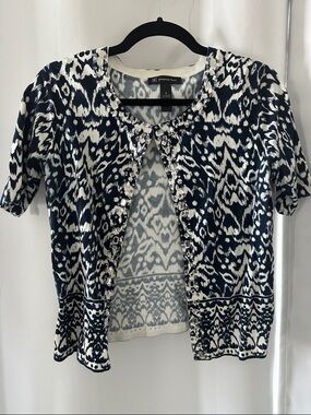 INC International Concepts Navy and White Jeweled Short-Sleeve Cardigan